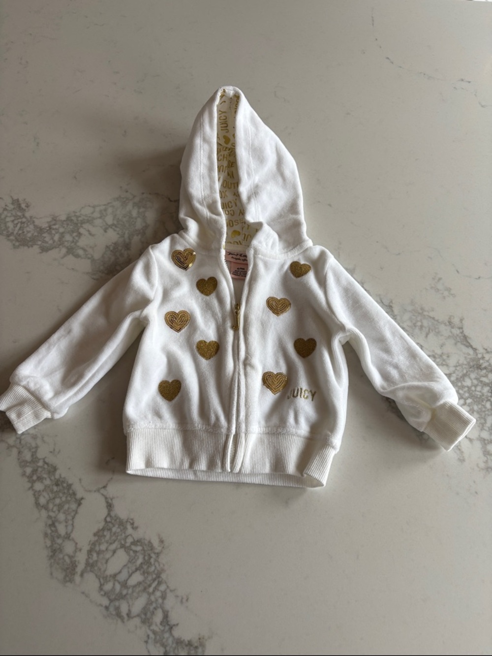Juicy Couture White Zip Hoodie with Gold Heart Appliqués
